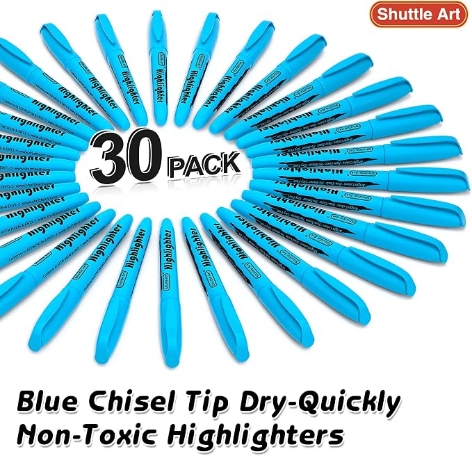 Shuttle Art Highlighters, 30 Pack Blue HighlighterPens Bright Colors, Chisel Tip Dry-Quickly Non-Toxic Highlighter Markers for Adults Teachers Students Highlighting in the Home School Office