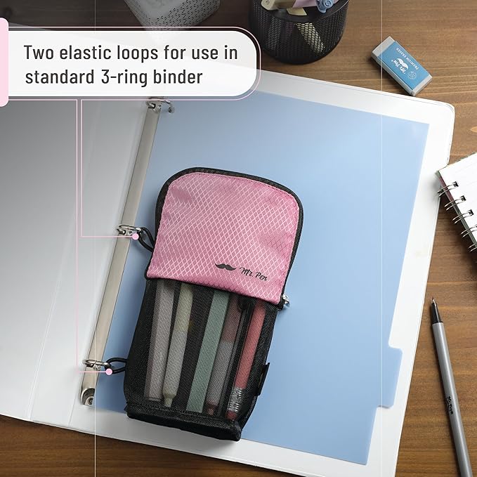 Mr. Pen- Standing Pencil Case Pouch, Sit & Lay Mesh-View Design, Black & Pink, Interior Pocket & 2 Elastic Binder Loops, Cute Pencil Case for Girls and Boys