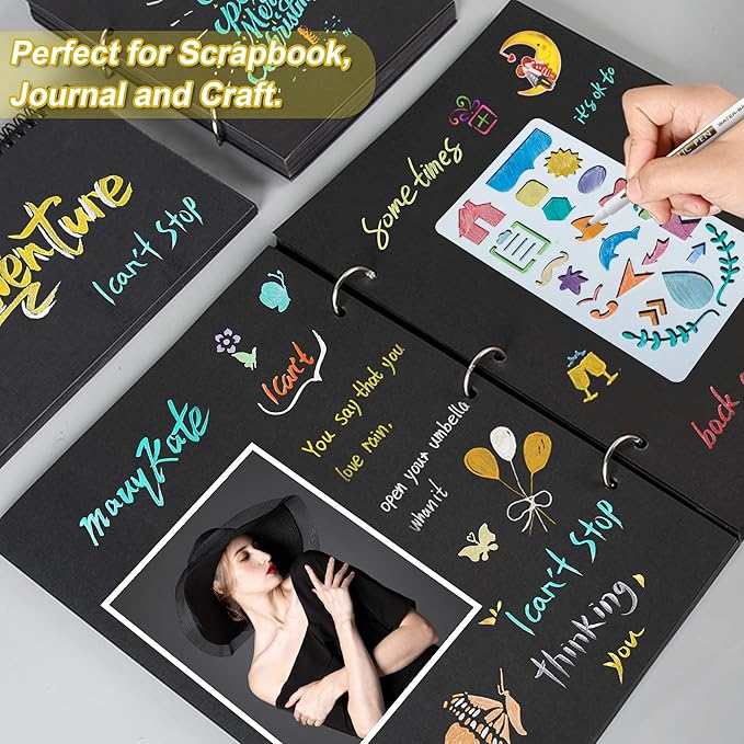Lineon 30 Pack Metallic Marker Pens, 24 Colors Fine Tip Paint Pens with 6 Stencils for Black Paper DIY Craft Photo Album Rock Art Painting Card Making Glass Wood
