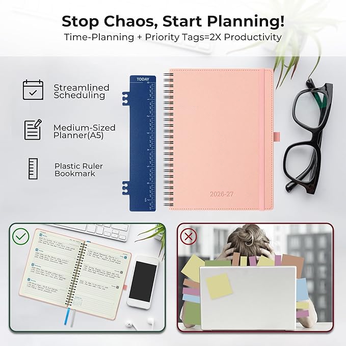 Planner 2026-2027 Daily Weekly and Monthly,8.5"x6.5",18 Months Spiral Bound Calendar Agenda with Self-adhesive Pen Holder,2026 Academic Plan with Vegan Leather Soft CoverPink