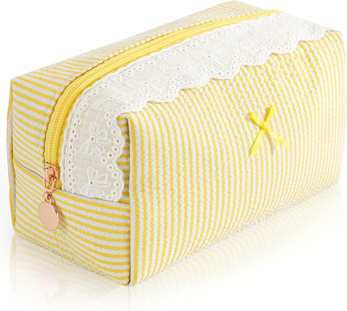 Makeup Bag Travel Toiletry Bag for Women, Small Cosmetic Bags with Lace Trim Cute Yellow Stripe Aesthetic Organizer Makeup Pouch for Purse Emergency Bag Pencil Case Accessory Bag