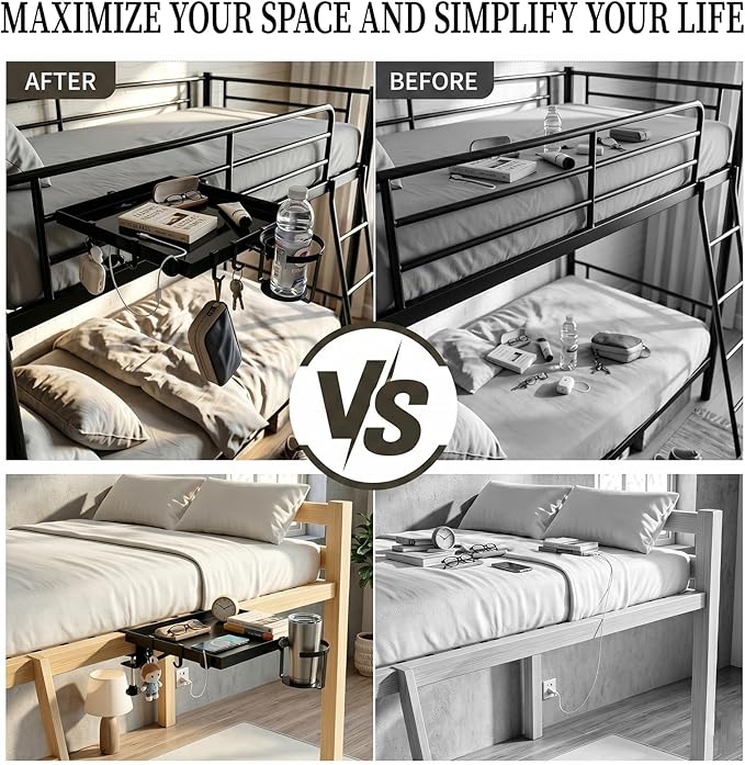 Foldable Bedside Shelf for Dorm Bunk Bed,Heavy Duty Metal Clip-On Bed Table Tray College Dorm Room Essentials,Bed Side Caddy Nightstand Alternative Organizer with Hooks&Removable Cup Holder Black