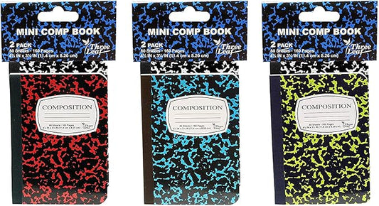 6 Mini Marble Composition Notebooks, 4-1/2" x 3-1/4", College Ruled, 80 Sheet (160 Pages) - Colors: Red, Green, Yellow, Blue, Black. (6-Pack, Random Colors)