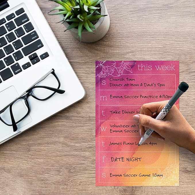 Dry Erase Weekly Calendar Planner Sticker Decal | Removable & Reusable | Magnetic Fine-Tip Marker Included (6 x 9 inches, Peony)