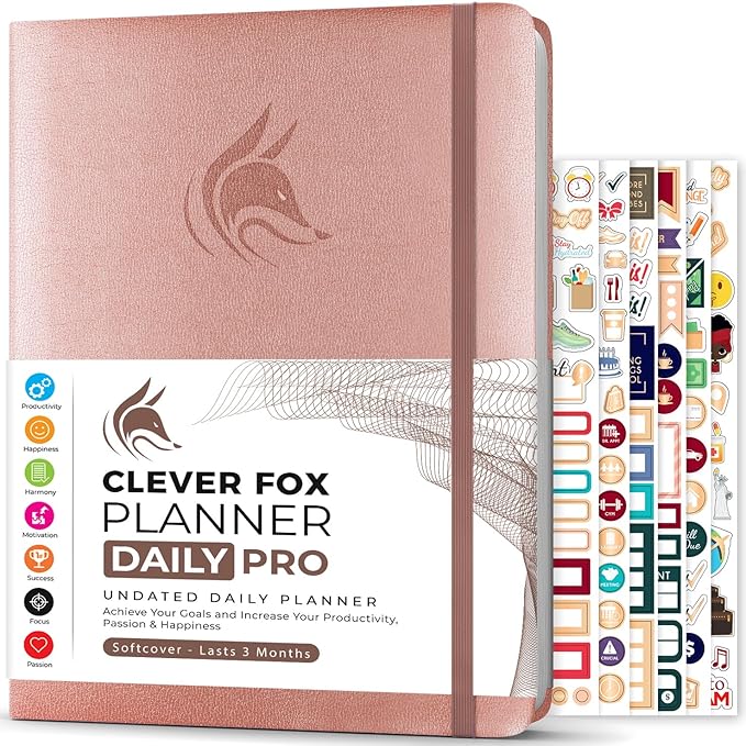 Clever Fox Planner Daily PRO - 8.5 x 11" A4 Size Daily Life Planner and Gratitude Journal to Increase Productivity, Time Management and Hit Your Goals - Undated - Lasts 3 Months (Rose Gold)