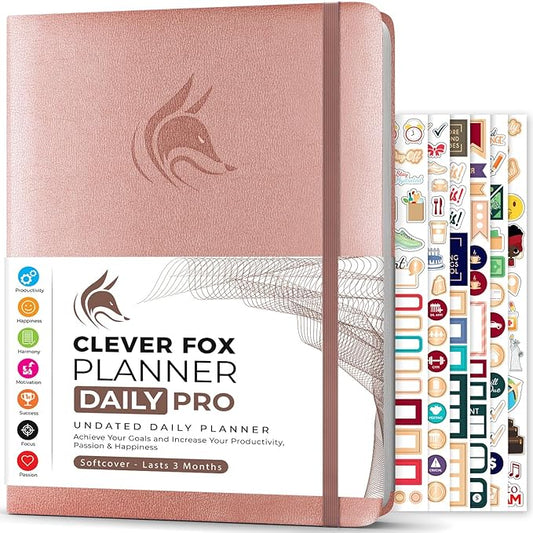 Clever Fox Planner Daily PRO - 8.5 x 11" A4 Size Daily Life Planner and Gratitude Journal to Increase Productivity, Time Management and Hit Your Goals - Undated - Lasts 3 Months (Rose Gold)