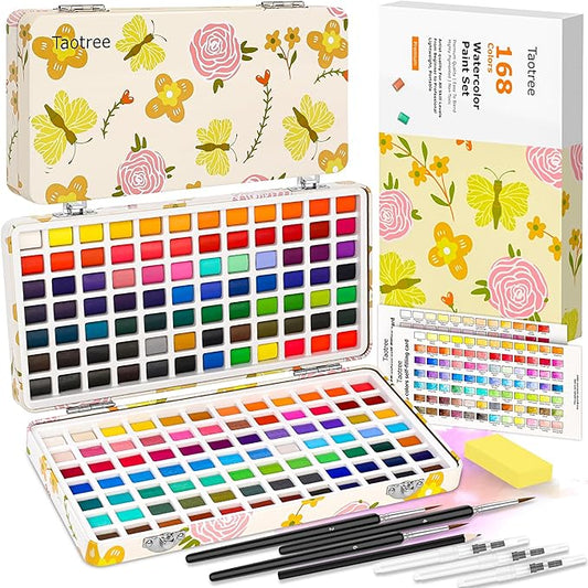 Taotree Watercolor Paint Set 168 Colors, Art Supplies Watercolors Kit Travel Water Colors with 3 Paints Brushes, Crafts Painting Supplies, Drawing for Adults Artist Drawing, Painting