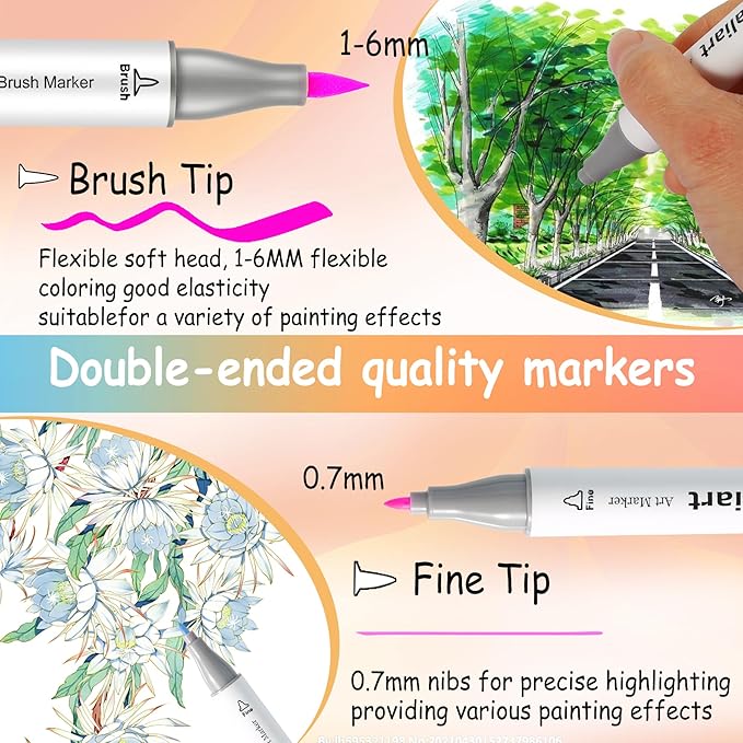 Caliart Alcohol Markers Brush Tip, 61 Colors Pastel Coloring Marker Set Dual Tip Fine & Brush, with Case Permanent Alcohol Based Colored Art Pens for Adult Coloring Books Artists Drawing Gifts