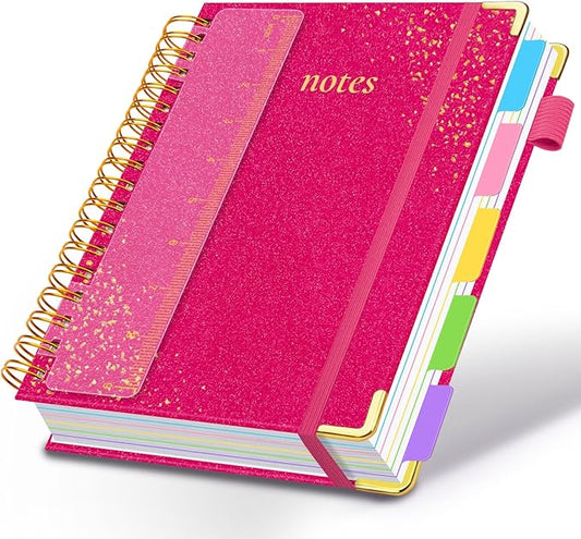 Hardcover Spiral Notebook with Removable Dividers & Tabs, 8"x10" 5 Subject Notebooks for Work, 300 Pages College Ruled Notebook, B5 Sparkle Lined Journal for Women Girls Note-Taking (Rose Red)