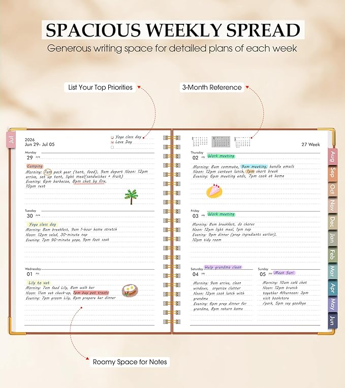 Academic Planner 2026-2027, Hardcover Leather Weekly and Monthly Calendar Planner from July 2026 - June 2027, A4 8.5" x 11" Daily Agenda with Tabs, College School Organizer for Student Teacher, Brown