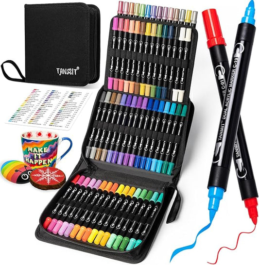 TANMIT 60 Colors Dual Tip Acrylic Paint Markers, Paint Pens Set with Brush Tip and Fine Tip For Fabric, Rock, Wood, Glass, Eggs, Scrapbook, DIY Crafts Making Art Supplies - Teacher Appreciation Gift