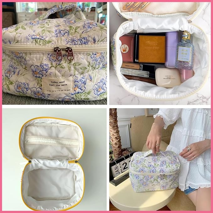 uekeboag Large Travel Quilted Makeup Bag for Women | Soft Floral Cotton Cosmetic Bag, Foldable Coquette Aesthetic Toiletry Organizer