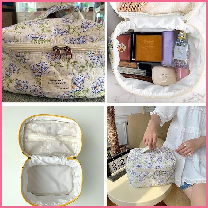 uekeboag Large Travel Quilted Makeup Bag for Women | Soft Floral Cotton Cosmetic Bag, Foldable Coquette Aesthetic Toiletry Organizer