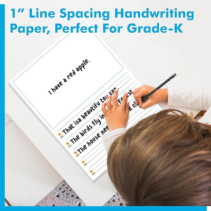 100 Sheets Ruled Writing Paper, Double-Sided Printing 1” Line Spacing with Blank Area Handwriting Writing Paper with Dotted Lines Practice Paper for Kindergarten Toddlers Kids (8” x 10.6”)