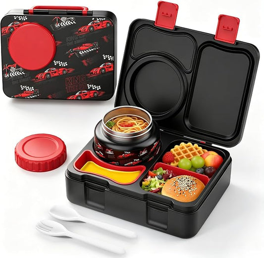 Kids Insulated Lunch Box with 8OZ Thermo Food Jar | Leakproof Bento Box with Ice Pack Sauce Cup Utensils Removable Tray & Dividers for School Daycare Travel, Racing Cars
