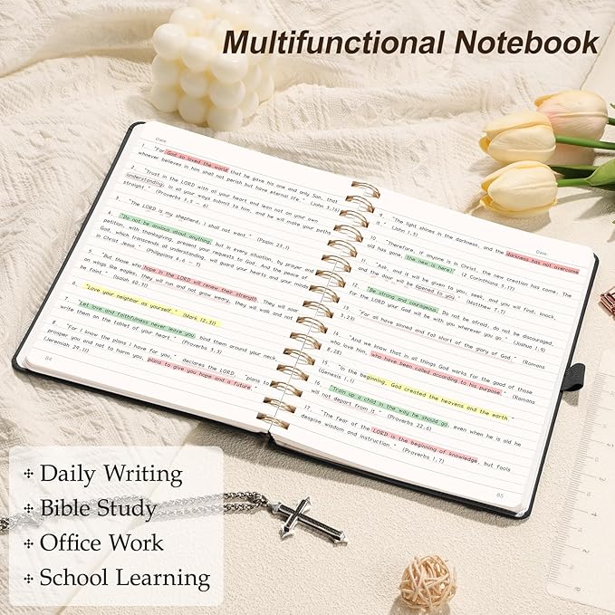 EMSHOI A5 College Ruled Spiral Notebook, 140 Numbered Pages, 100GSM Ink-Proof Faux Leather Hardcover Lay-Flat Lined Journal for Work Office School Writing, Small 5.7"x8.22", Black