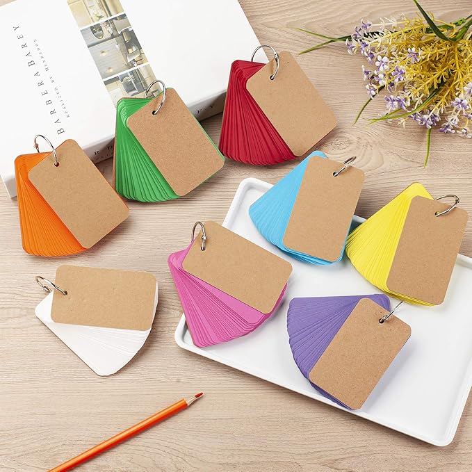 Blank Flash Cards with Ring for Studying, Colored Index Cards with Ring 8 Pack, 2.2"x3.5", 400 Counts Note Cards Heavy Weight, Hole-punched Cardstock, Word Vocabulary Card, Playing Cards
