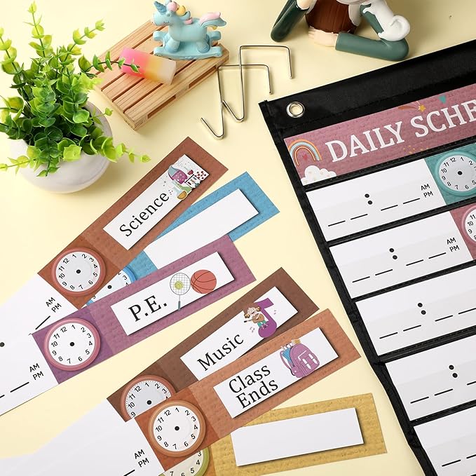 Chiisong Daily Schedule Pocket Chart, Boho 14+1 Pocket, with 40 Pcs Reusable Dry Eraser Cards Calendar for Classroom Toddler Schedule Chart Office Home Activity(Bohemian Style)