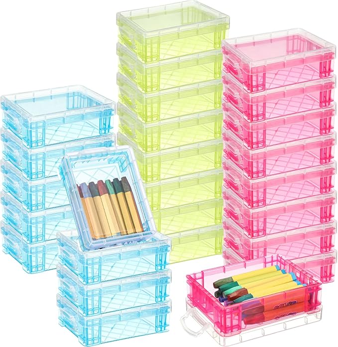 Suzile 25 Pcs Plastic Crayon Boxes with Snap Lids Crayon Storage Organizer Stackable Container Bulk Pencil Case for Pen Crafts Classroom Supplies(Red, Blue, Green)