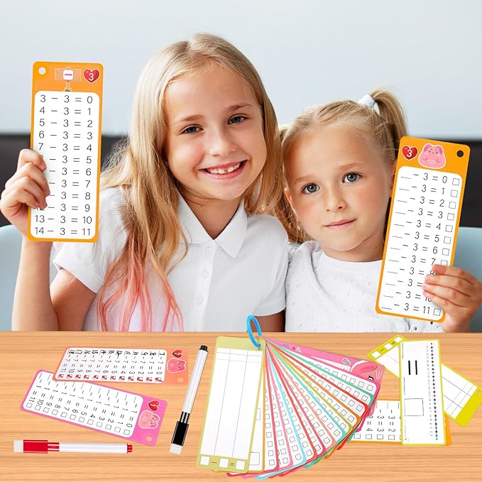15Pcs Subtraction Flash Cards, Subtraction Chart 1-12 with 2 Dry Erase Pens 1 Rings, Time Table Flash Cards for 1st to 3rd Grades Fun Learning with Math Game