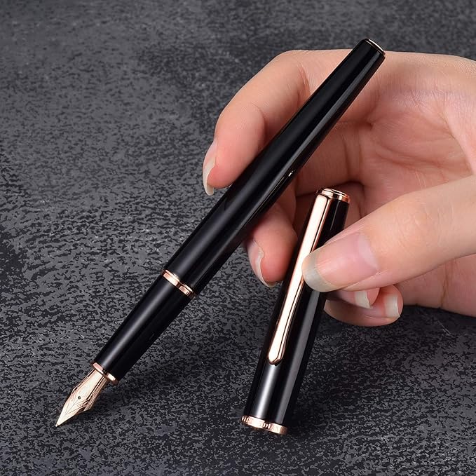 Hongdian 920 Black Metal Fountain Pen, Rose Gold Plated Medium Nib Smooth Writing Pen, Classic Pen with Ink Converter