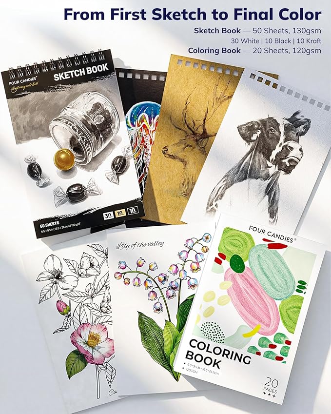 Four Candies 87 Pack Sketching Kit for Artist Gifts, Art Supplies, Drawing Set with Colored Pencils, Sketchbook, Coloring Book, Complete Drawing Tools in Zipper Case for Adult, Teens & Beginner