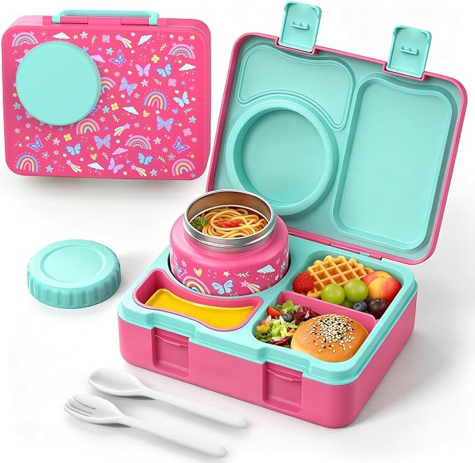 Kids Insulated Lunch Box with 8OZ Thermo Food Jar | Leakproof Bento Box with Ice Pack Sauce Cup Utensils Removable Tray & Dividers for School Daycare Travel, Rainbow Butterflies