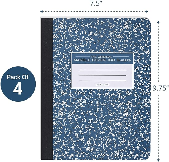 ROARING SPRING Hard Cover Composition Notebook, 4 Pack, Blue Marble Comp Book, 9.75″ x 7.5″, Unruled Blank Paper, 100 Sheets (200 Pages), Made in USA