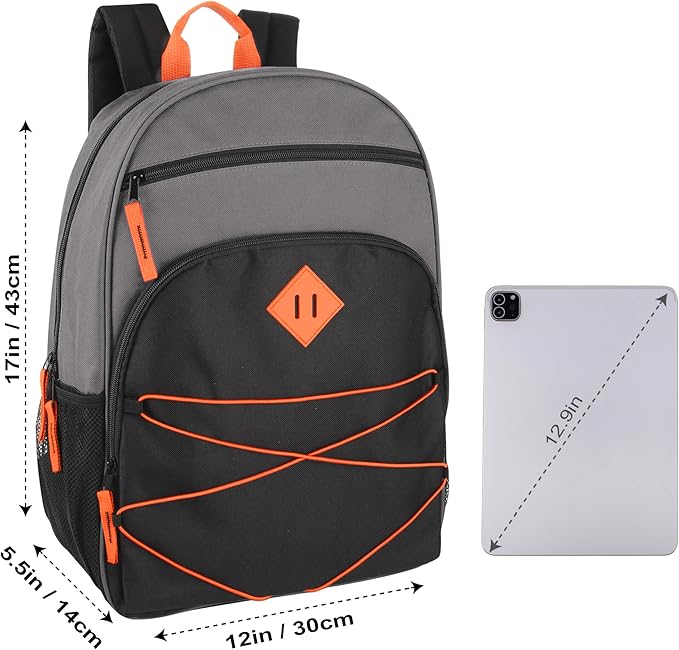 Summit Ridge Backpacks with Bungee Cord Front | 17” Multi Pocket Backpack for Adults, College, Travel (Grey/Black)