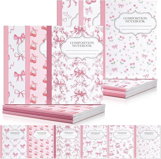 Fullhawl 6 Pack Composition Notebook College Ruled Bulk Pink Bow Composition Notebook Preppy Aesthetic for Back to School Supplies 110 Pages 9-3/4 x 7-1/2" Cute Cherry Journal for First Day of School