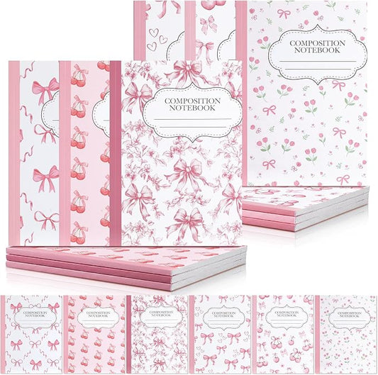 Fullhawl 6 Pack Composition Notebook College Ruled Bulk Pink Bow Composition Notebook Preppy Aesthetic for Back to School Supplies 110 Pages 9-3/4 x 7-1/2" Cute Cherry Journal for First Day of School