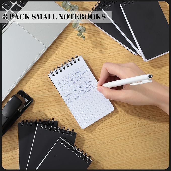 Thboxes 8 Pack Pocket Notebooks, 3 x 5 Spiral Notepads Mini Notebook 60 Sheets/120 Pages Small Notepads with Lined Pages Memo Pads for Nurse Gifts School College Office Home (Black)