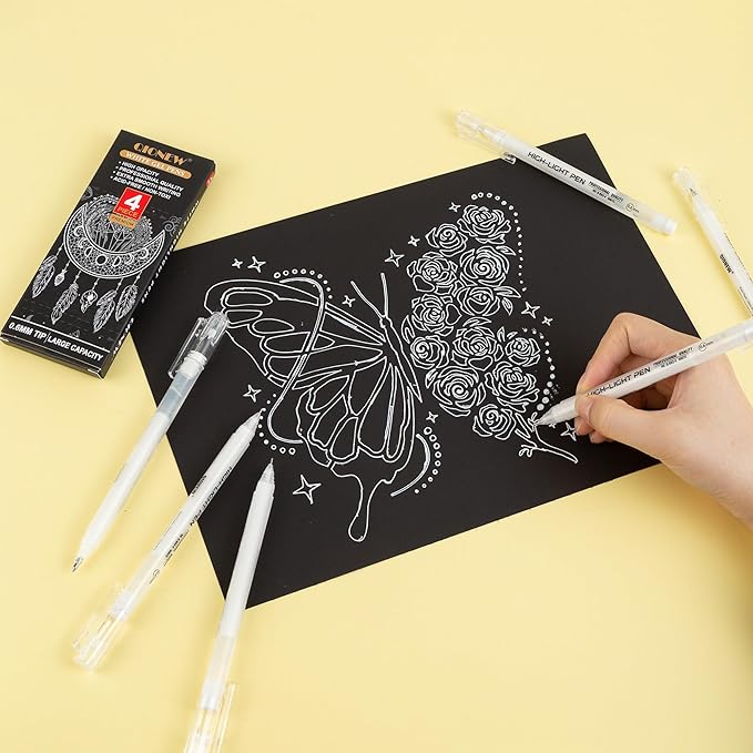 Qionew 0.6mm Fine Point White Gel Pens, 4 Pack Gel Ink Pen, for Artists Drawing, and Adult Coloring Books, Opaque White Ink for Black Paper,Sketching,Card Making, Bullet Journaling