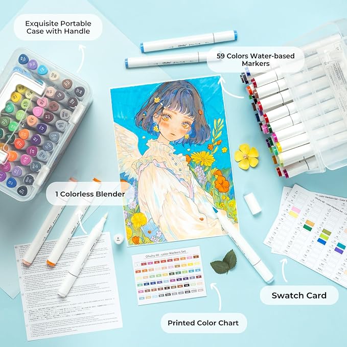Ohuhu Markers Paper-friendly No Peeling Water-based 60 Colors Dual Brush Fine Tips Coloring Markers for Adult Coloring Books No Bleeding Drawing Pens for Kids Adults Beginner Calligraphy