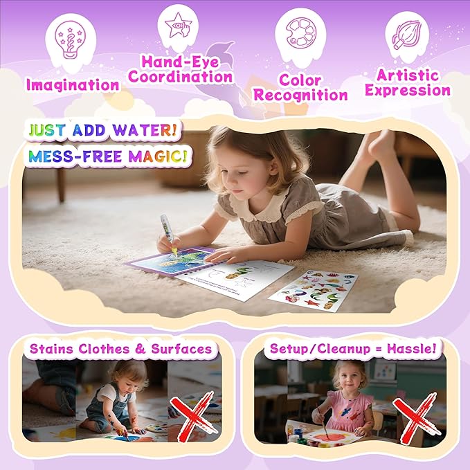 Reusable Water Coloring Books for Toddlers 1-3 with 18+ Stickers & No-Mess Pen, Mermaid Theme Water Coloring Books for Toddlers 1-3, Magic Paintless Painting Book for Toddler, Paintless Painting Book