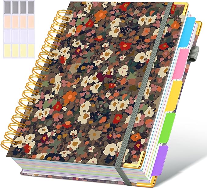 Hardcover Spiral Notebook Journal with Removable Dividers Tabs, 300 Pages 5 Subject Notebook College Ruled, 8"x10" Large B5 Notebooks for Work School Note taking, Journal for Women, Flower