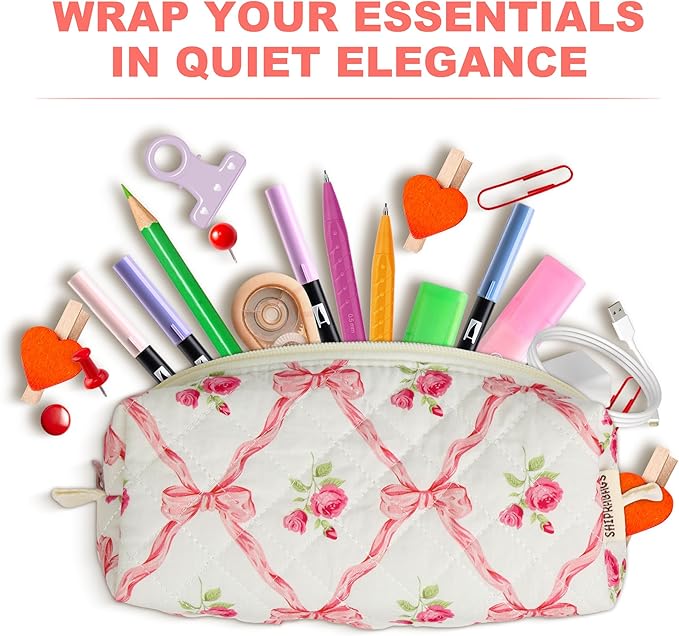 Cute Quilted Pencil Case for Girls Women, Aesthetic Small Floral Pencil Pouch,Slim Soft Pencil Bag for School Supplies Makeup Pouch for School & Daily Use (pink bow)