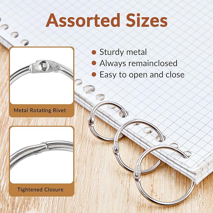 NEEWAY 40pcs Loose Leaf Binder Rings Assorted Sizes (0.75, 1, 1.2 Inch), Metal Rings for Index Cards, Flash Cards, Notebooks,Sliver