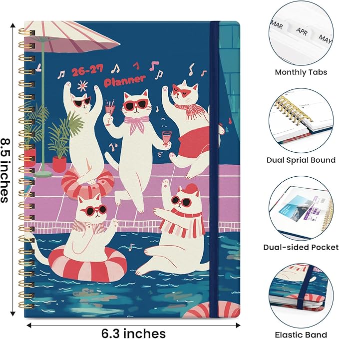 Planner 2026-2027, Academic Planner Weekly and Monthly, Jul 2026 - Jun 2027, Spiral Bound School Planning Tool with Tabs and Pocket, Perfect for Students & Teacher, 6.3" x 8.5", Cat Fiesta
