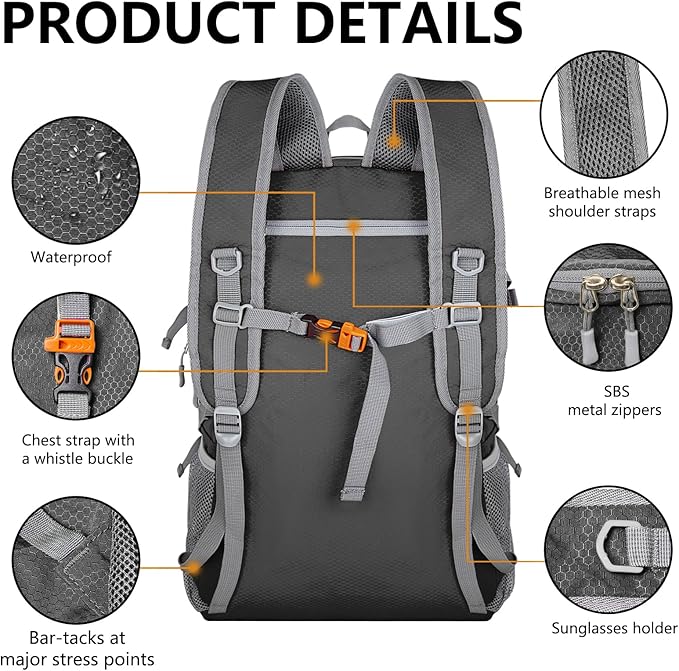 Goloni Ultra Lightweight Packable Backpack 40L - Foldable Hiking Backpack Water Resistant Small Foldable Daypack for Travel,Dark Grey