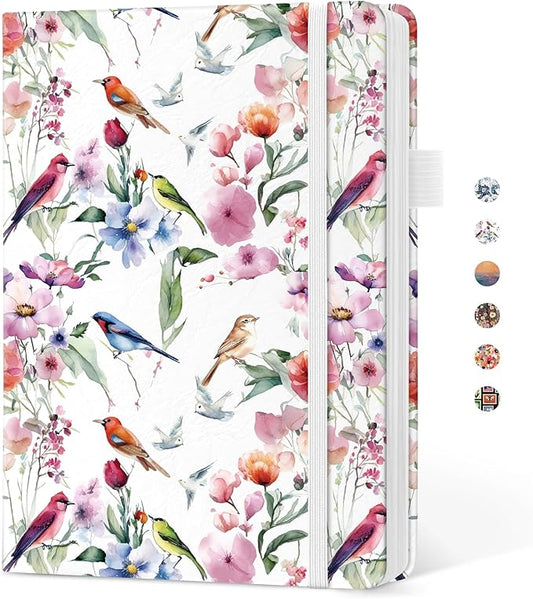 Taja Pretty Lined Journal for Women, Aesthetic Cute Hardcover Leather Journal for Writing, A5 College Ruled Notebook for Work & Note Taking, Perfect for Office School Home, 160 Pages, Songbird Bloom