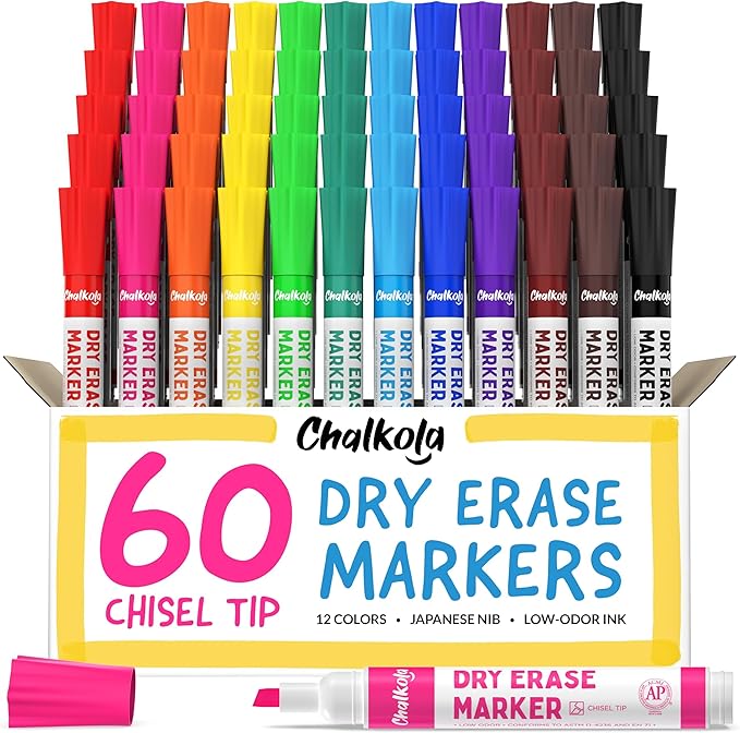 Chalkola Dry Erase Markers Bulk (60 Pack, 12 Vibrant Colors) | Chisel Tip WhiteBoard Markers, Dry Erase Pens - White Board Pens for Kids, Teachers - Home, Office, School Classroom Supplies