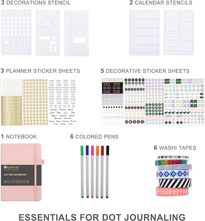 &And Per Se Dotted Journal Kit – Journaling set with Dotted Notebook, Stencils, Stickers, Washi Tapes & Colored Pens for Beginners (Pink)
