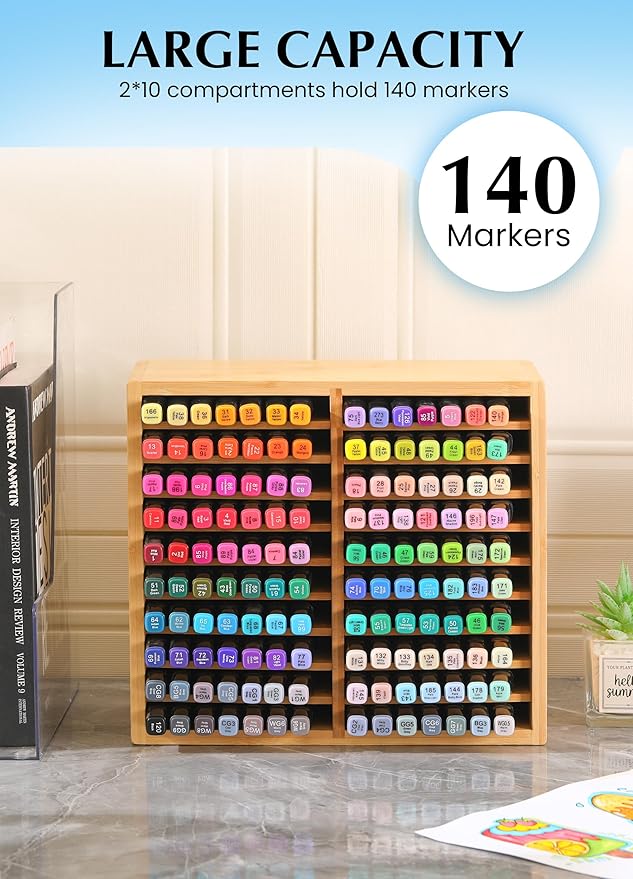 Bamboo Marker Organizer for Desk, Marker Storage Organizer for 140 Markers，Pens, Pencils and Art Brushes，Wooden marker holder for Home, Classroom and Office Decor,Bamboo