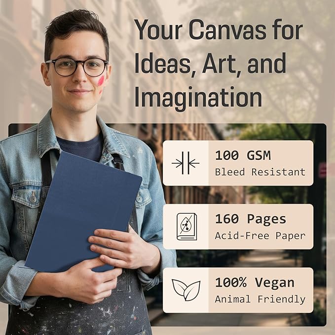 BROWNSTONE JOURNALS A4 Sketch Book Hardcover - 80 Sheets 100 GSM Paper 8.5"x11.5", Lay Flat, Vegan Leather Cover, Elastic Band, Back Pocket, Art Drawing Book (Symphony Blue)