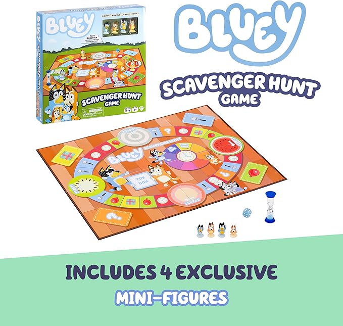 Bluey Scavenger Hunt Board Game, Cooperative Play with 4 Exclusive Mini-Figures, Learning Toys for 5+ Year Old, Fun Toy Token Collecting Game