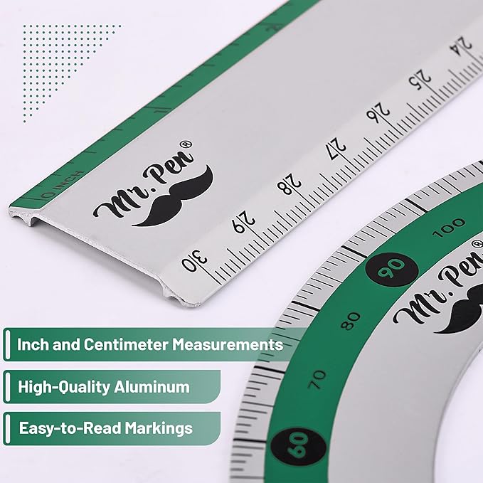 Mr. Pen- Metal Geometry Kit, 4 Pack, 45° & 30°/60° Set Squares, 6" Protractor & 12" Ruler, Durable Metal Drafting Tools for Technical Drawing, Math, Engineering & Architecture
