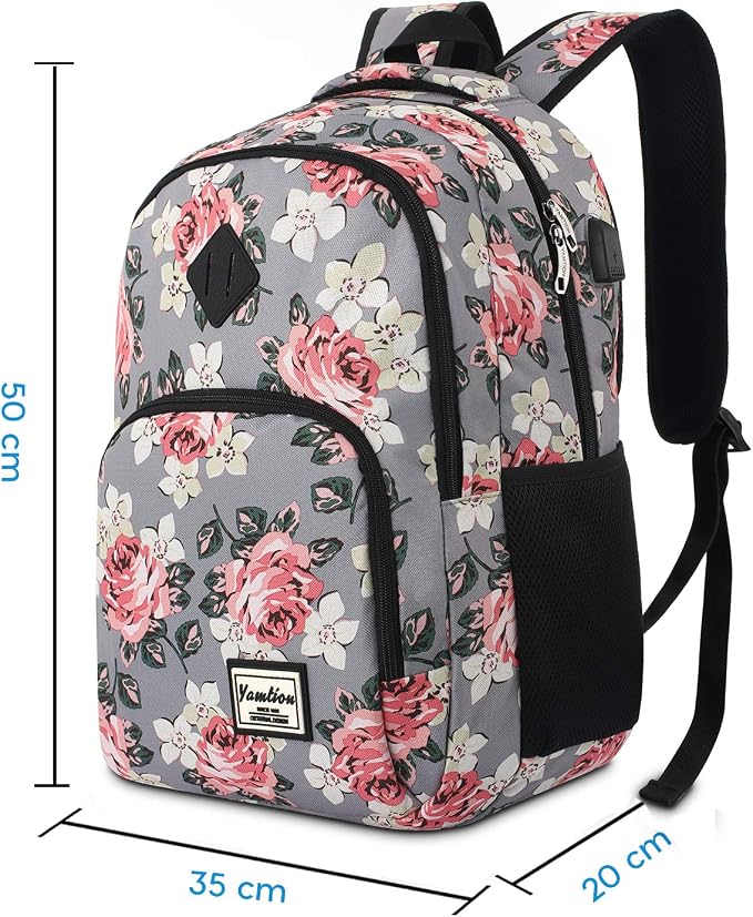YAMTION Backpack for Women,School Backpack for Teen Girls College Backpack with USB Charging Port,Gray-Flower