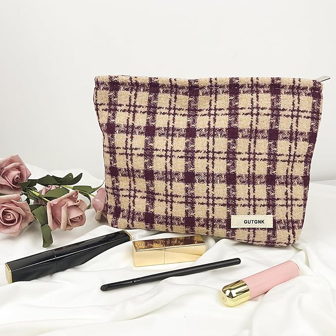 GUTGNK Corduroy Ladies Cosmetic Bag, Large Capacity Canvas Cosmetic Bag Travel Toiletry Bag Accessories Organizer, Purple Check