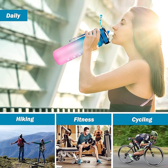 YC Kitchen Motivational Water Bottle with Time Marker - 32oz, Leak-proof BPA Free Sports Water Bottles with Straw & Carrying Strap